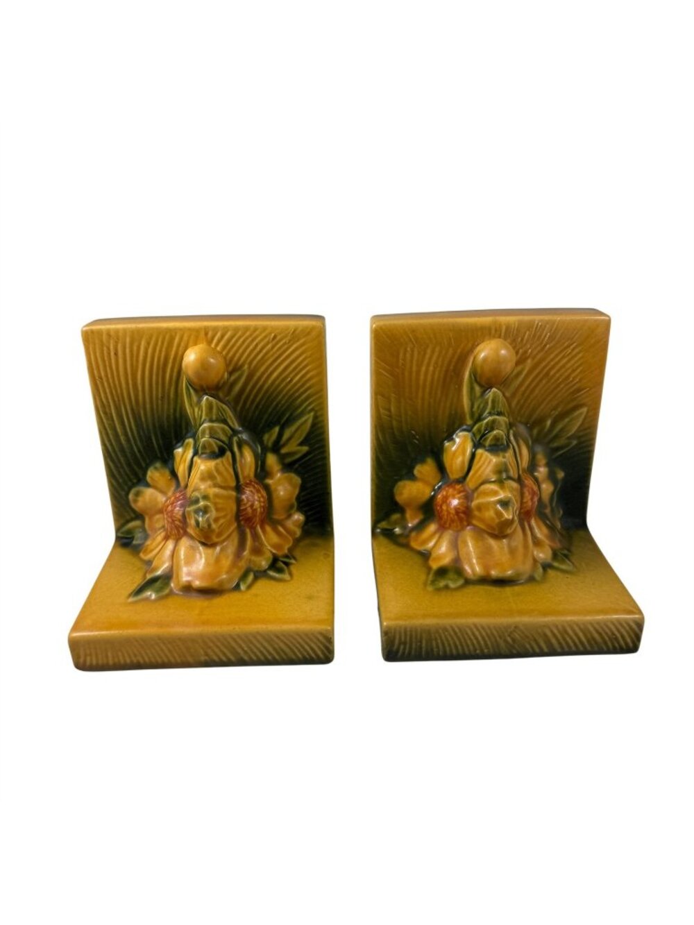Roseville Peony Bookends Set of 2 Sienna Brown Yellow Gold Green Vintage 1940s